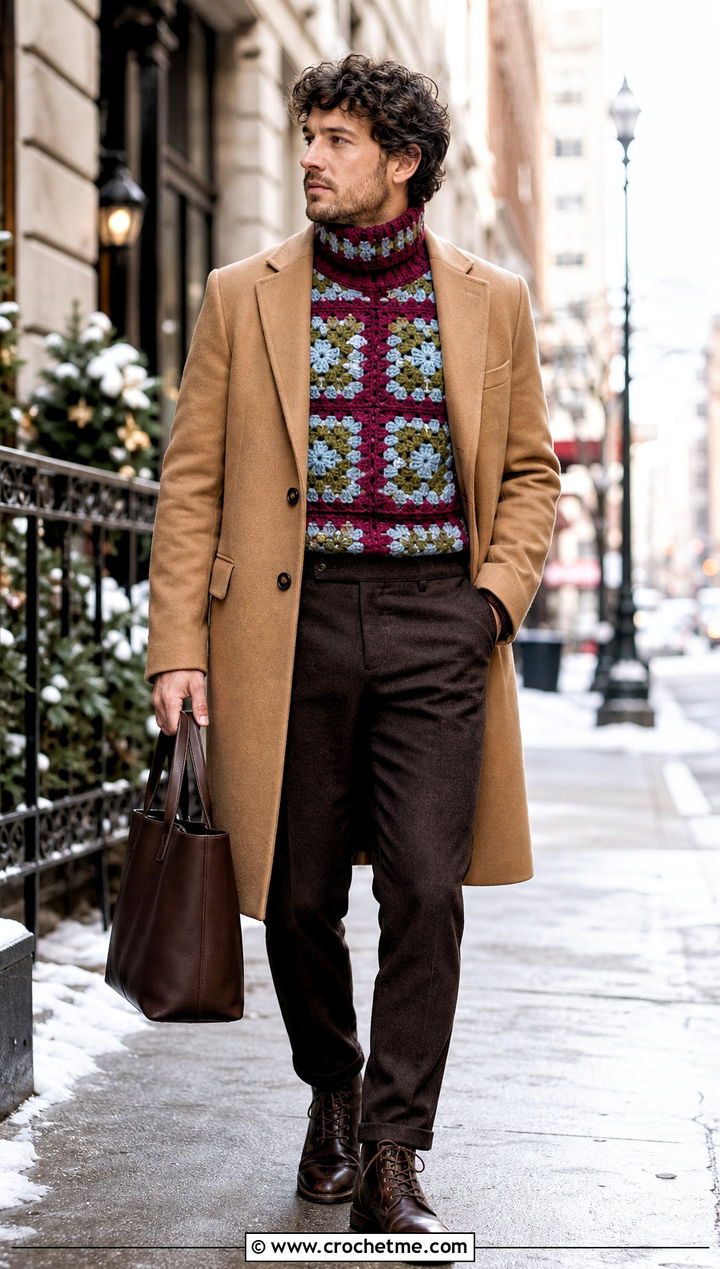 High Neck Granny Square Mens Vest With Wool Overcoat - 25 crochet granny square mens vest outfit ideas
