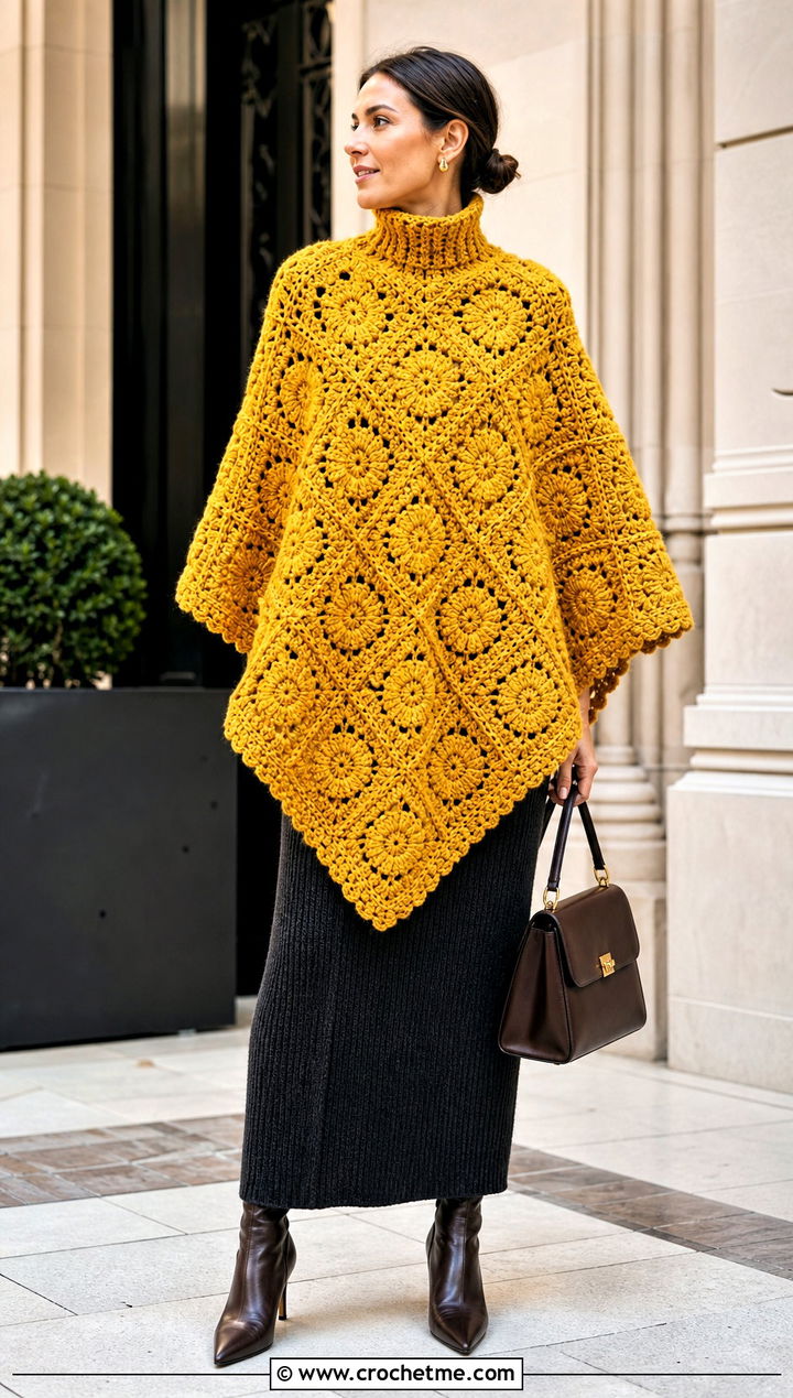 High Neck Granny Square Poncho With Column Skirt - 15 easy granny square poncho outfit ideas