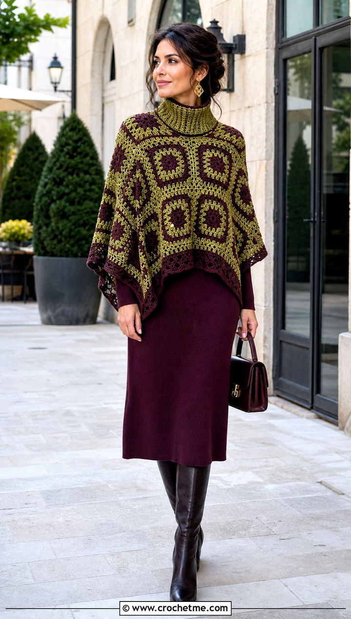 High Neck Granny Square Poncho With Knit Dress - 35 granny square poncho outfit ideas