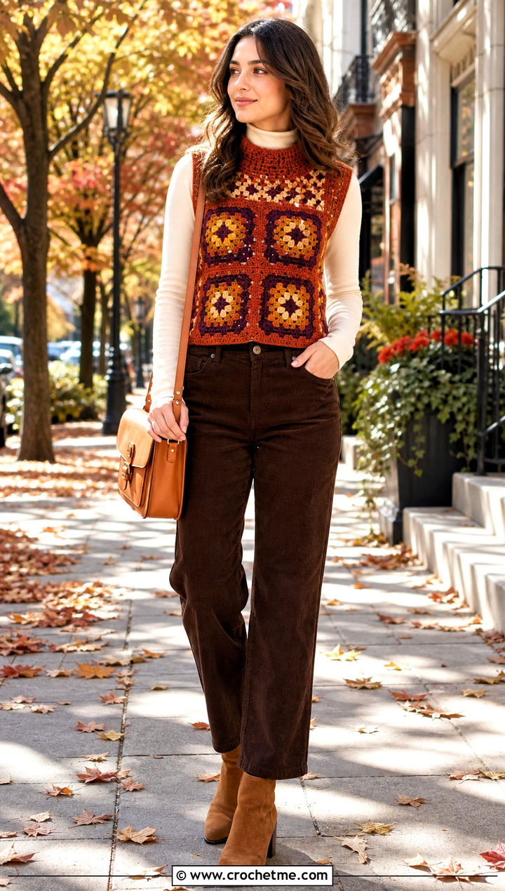 High Neck Granny Square Sweater Vest With Corduroy Pants - 15 Crochet Granny Square Sweater Vest outfit ideas