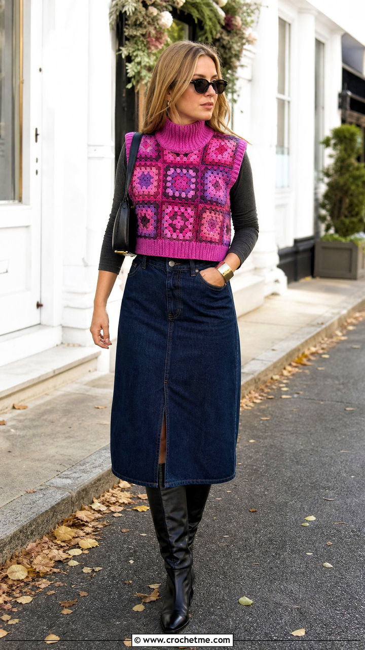 High Neck Granny Square Sweater Vest With Denim Midi Skirt - 35 granny square sweater vest outfit ideas
