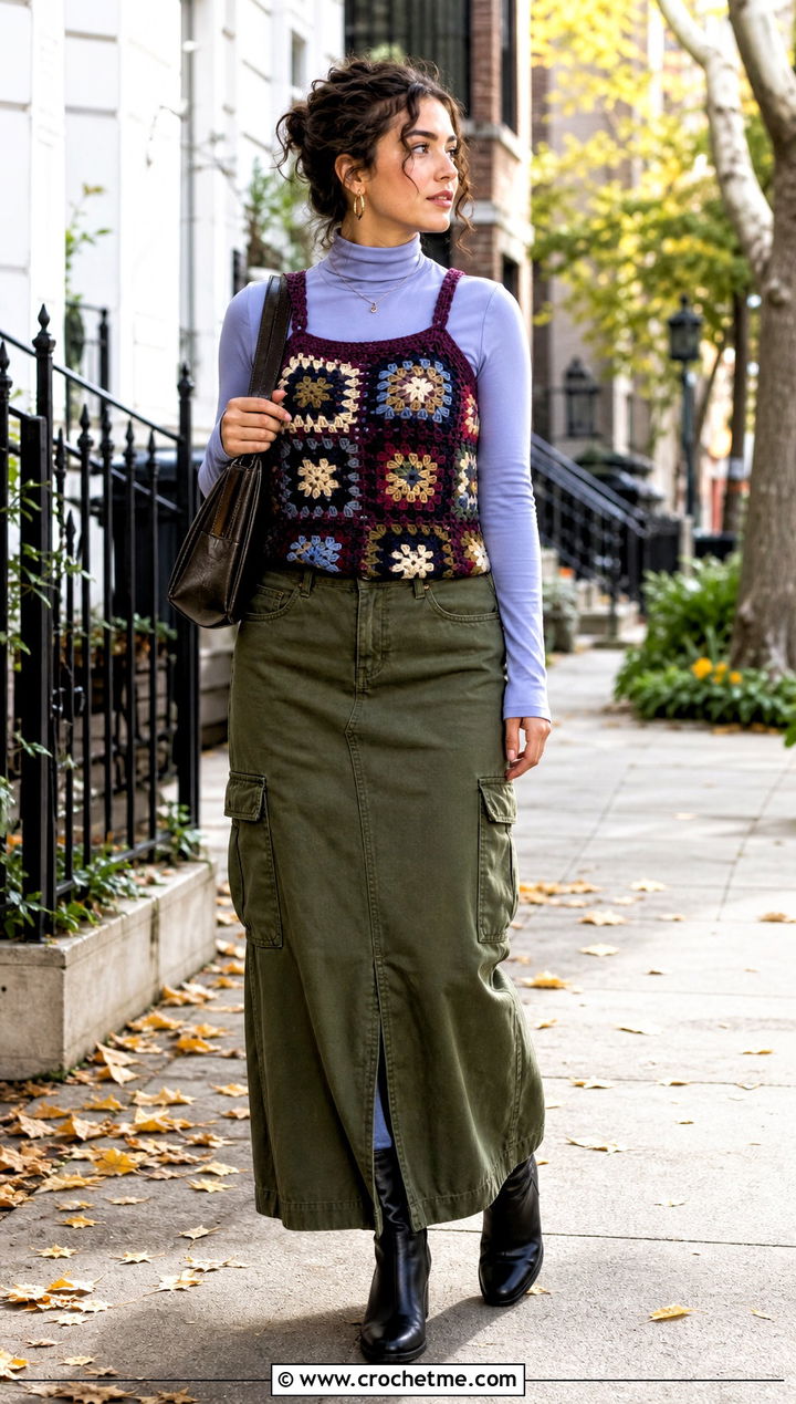 High Neck Granny Square Tank Top With Cargo Maxi Skirt - 25 Crochet Granny Square Tank Top outfit ideas