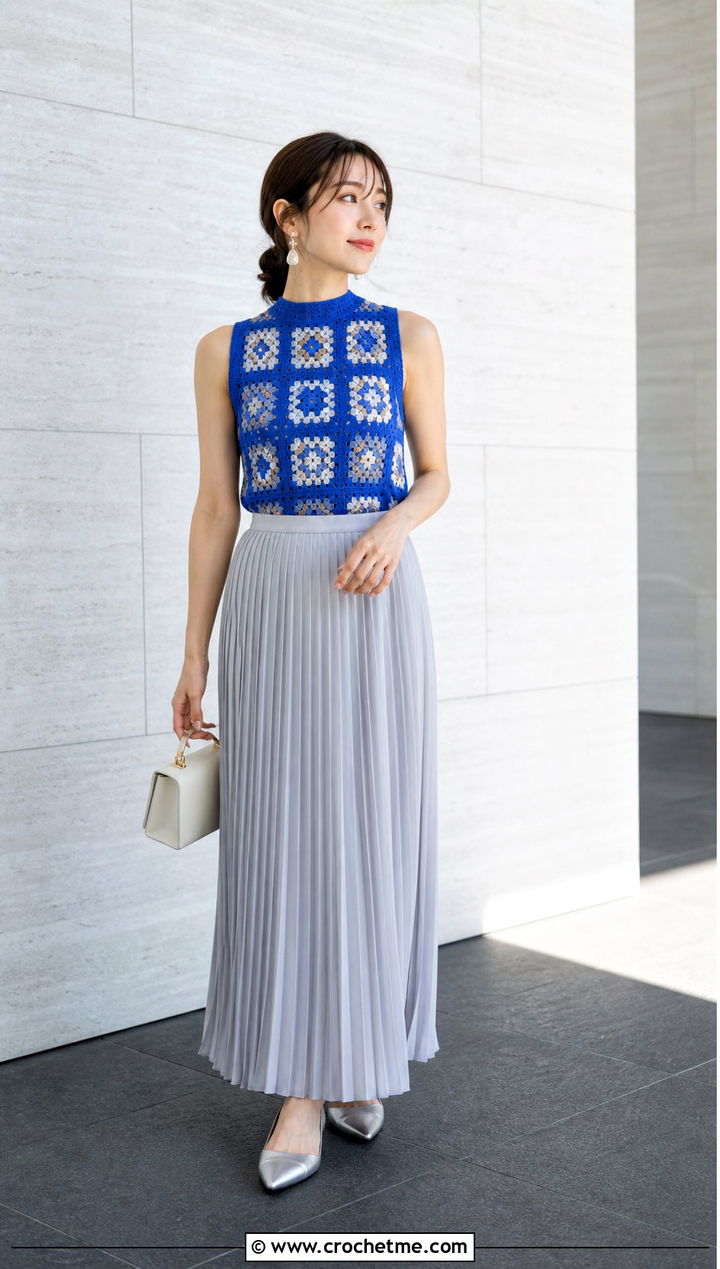 High Neck Granny Square Tank With Pleated Maxi Skirt - 35 granny square tank outfit ideas