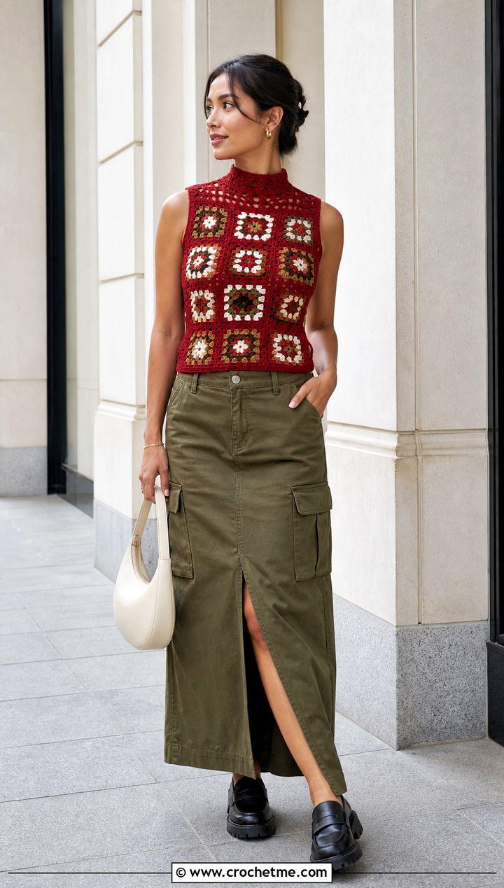 High Neck Granny Square Top With Cargo Maxi Skirt - 35 granny squares top outfit ideas