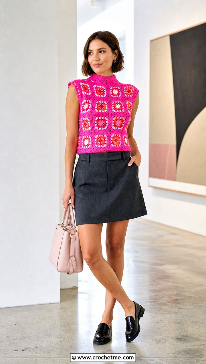 High Neck Granny Square Top With Tailored Mini Skirt - 30 crochet granny square summer top outfit ideas