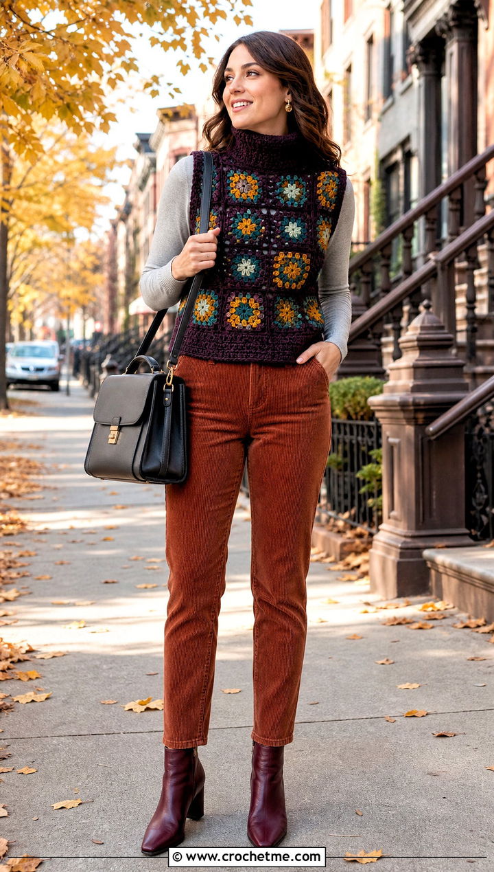 High Neck Granny Square Waistcoat With Corduroy Pants - 35 granny square waistcoat outfit ideas