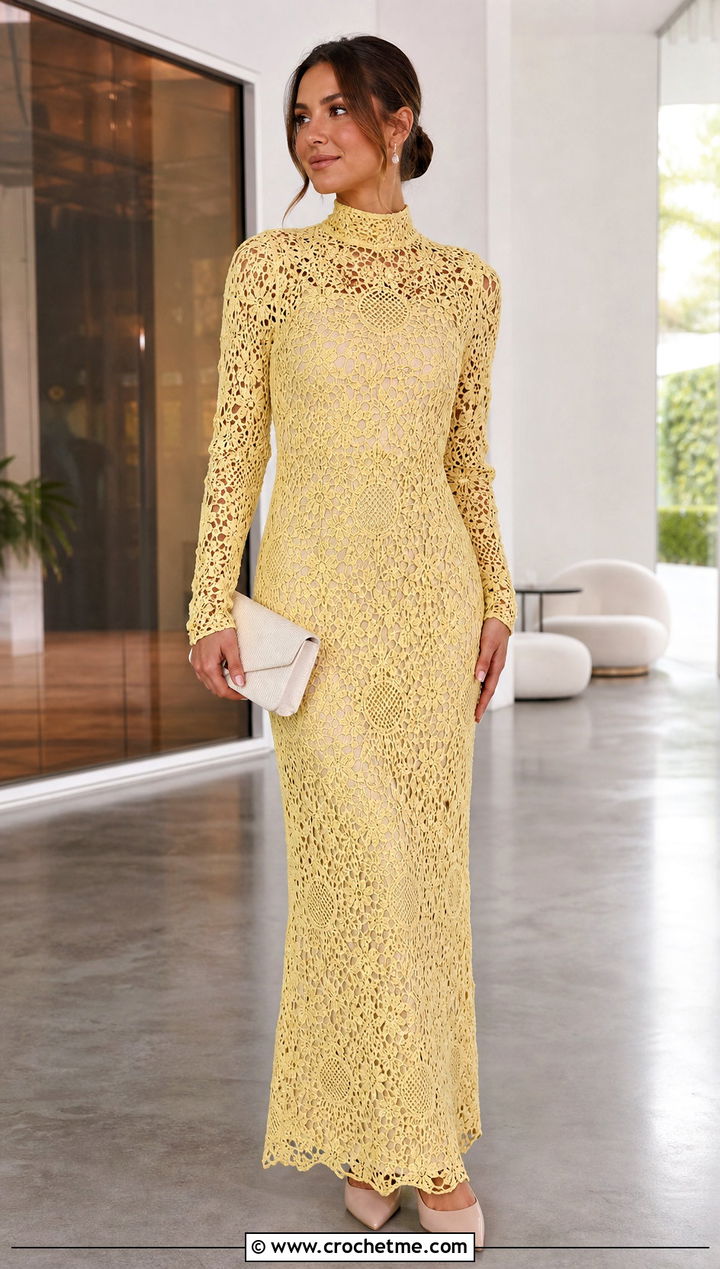 High Neck Lace Crochet Overlay Dress With Long Slip - 25 Crochet Overlay Dress outfit ideas