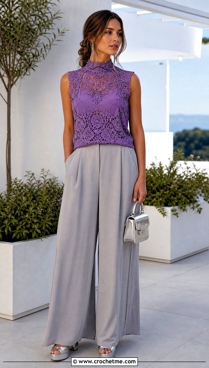 High Neck Lace Crochet Vest With Palazzo Pants - 20 Lacy Crochet Vest outfit ideas