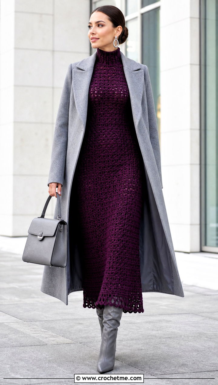 High Neck Long Crochet Dress With Structured Coat - 35 Long Crochet Dress outfit ideas