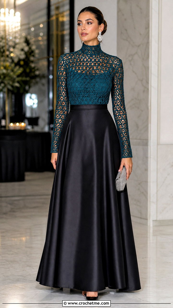 High Neck Mesh Crochet Top With Full Maxi Skirt - 35 mesh crochet top outfit ideas