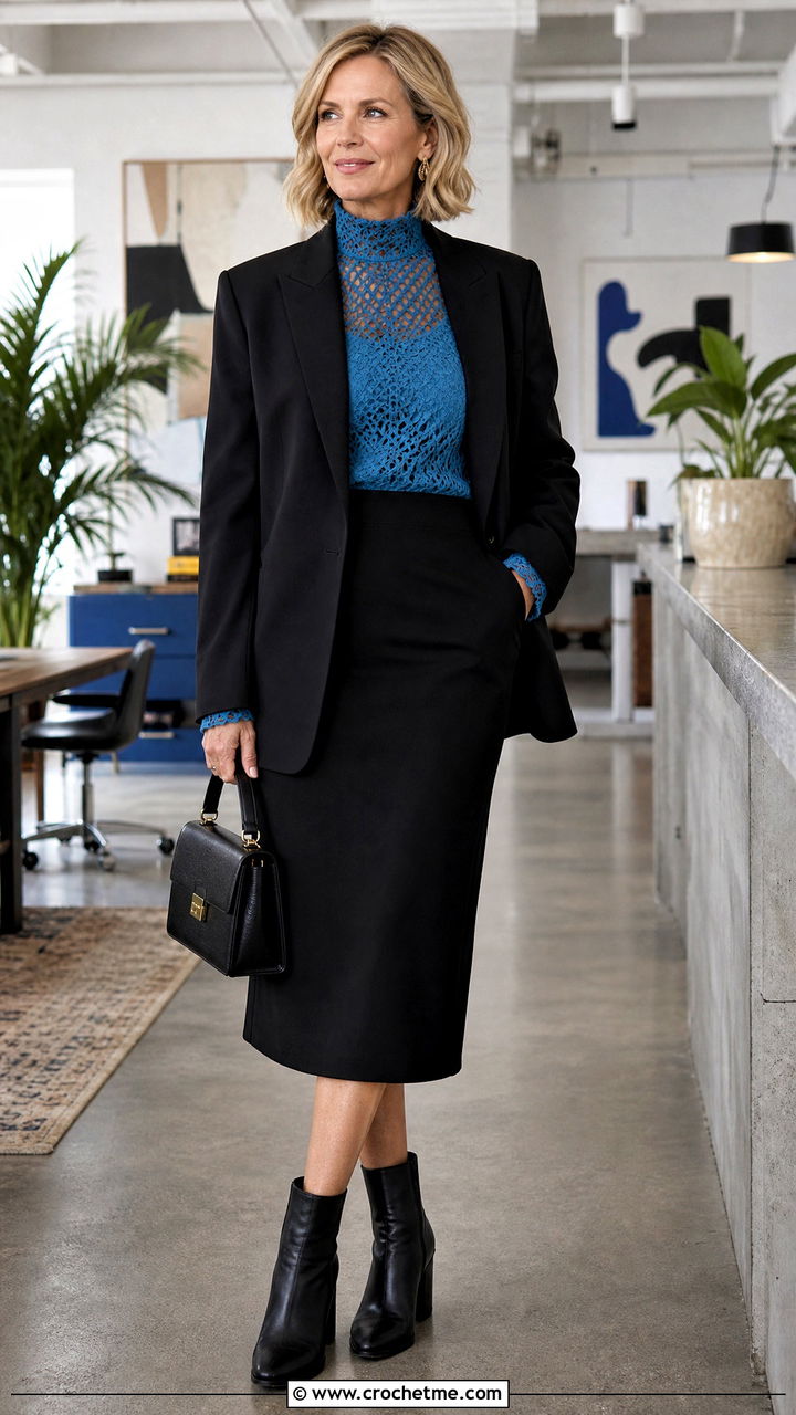 High Neck Mesh Crochet Top With Pencil Skirt - 35 goth crochet top outfit ideas