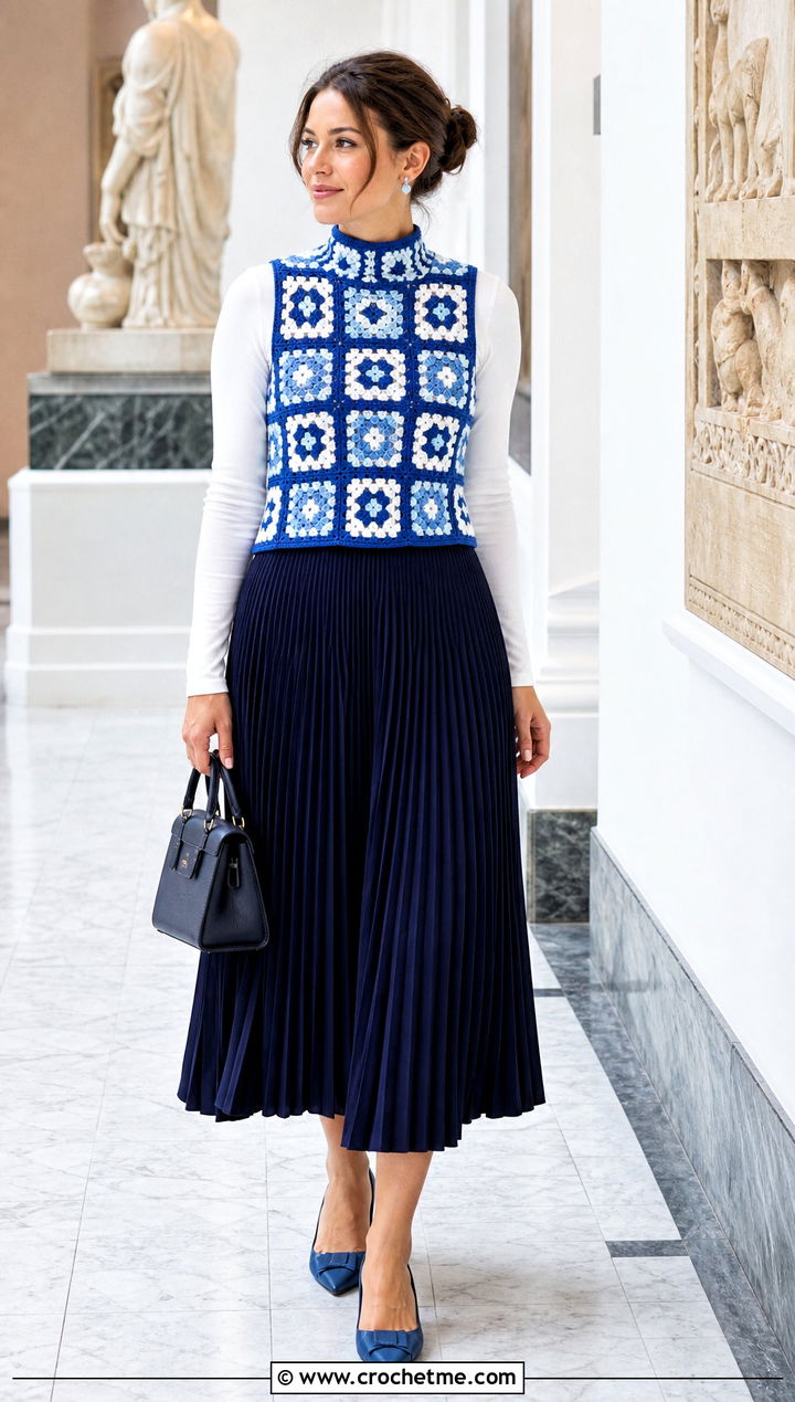 High Neck Mosaic Granny Square Crochet Vest With Pleated Midi Skirt - 25 Granny Square Crochet Vest outfit ideas