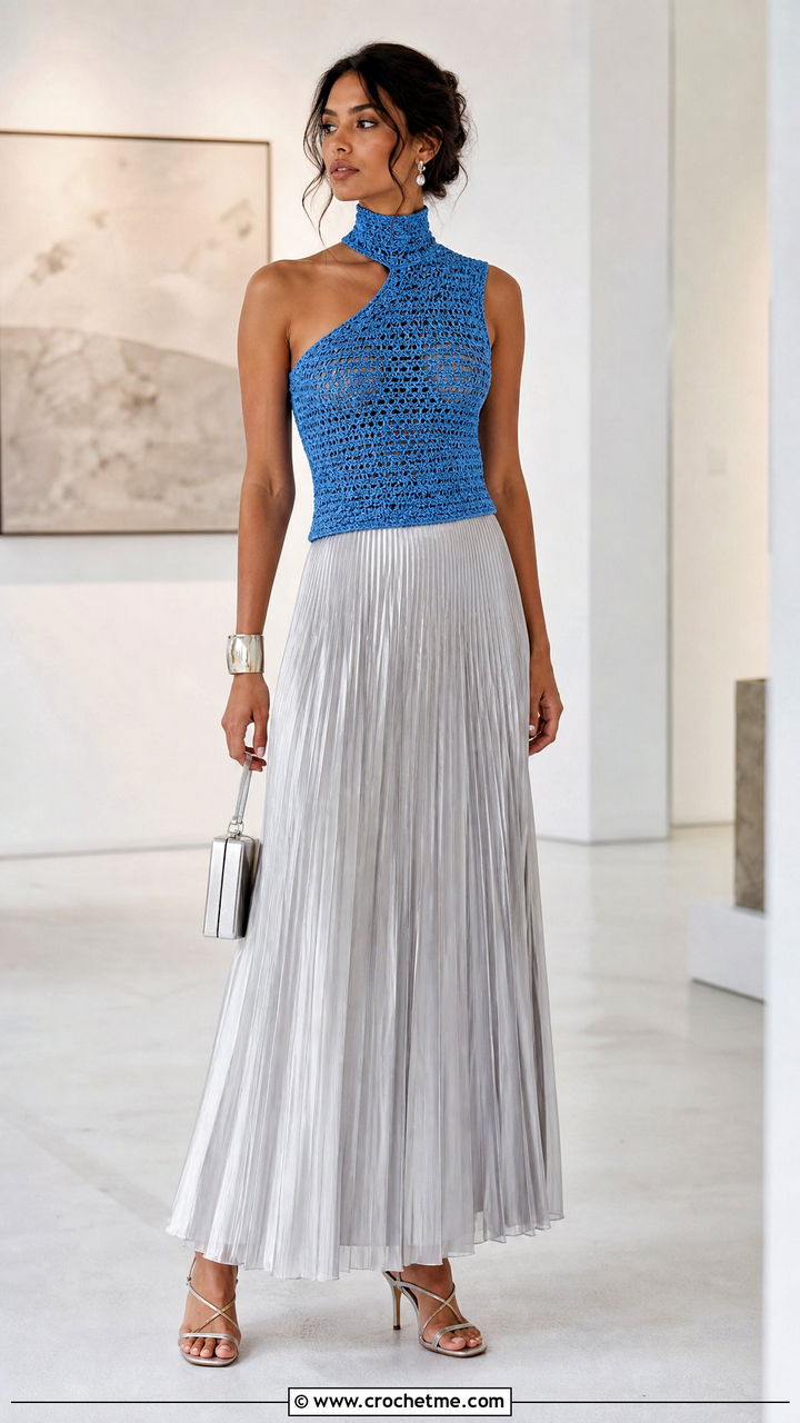 High Neck One Shoulder Crochet Top With Pleated Maxi Skirt - 35 crochet asymmetrical top outfit ideas