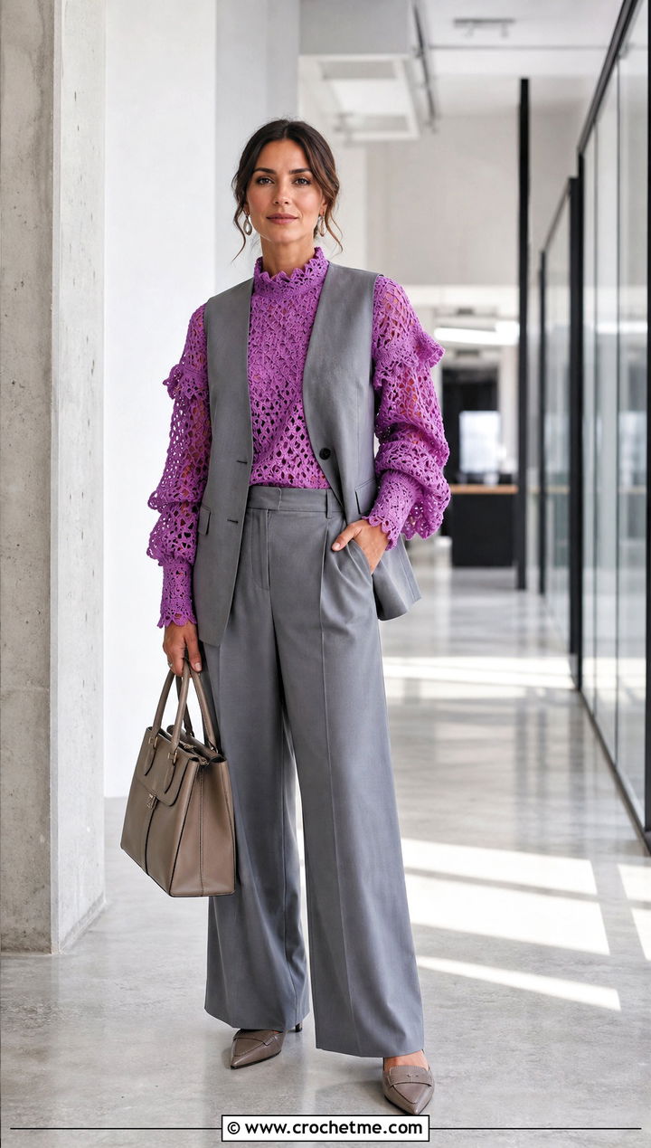 High Neck Ruffle Sleeve Crochet Top With Tailored Vest And Trousers - 30 crochet ruffle sleeve top outfit ideas