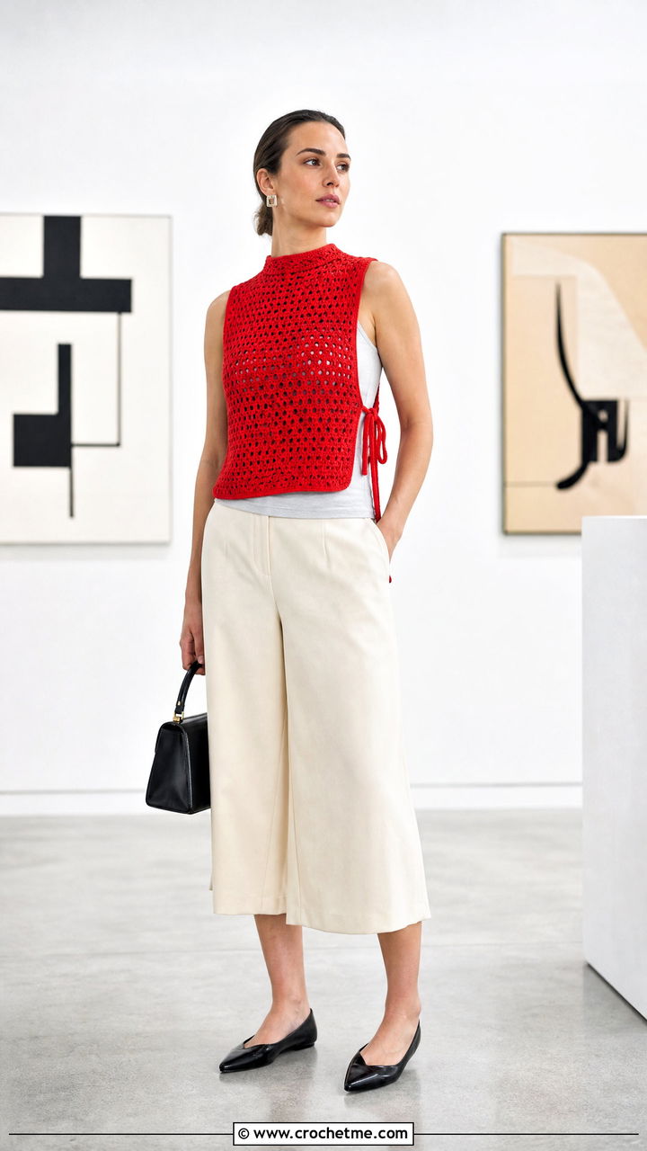 High Neck Side Tie Crochet Vest With Culottes - 35 crochet tie vest outfit ideas