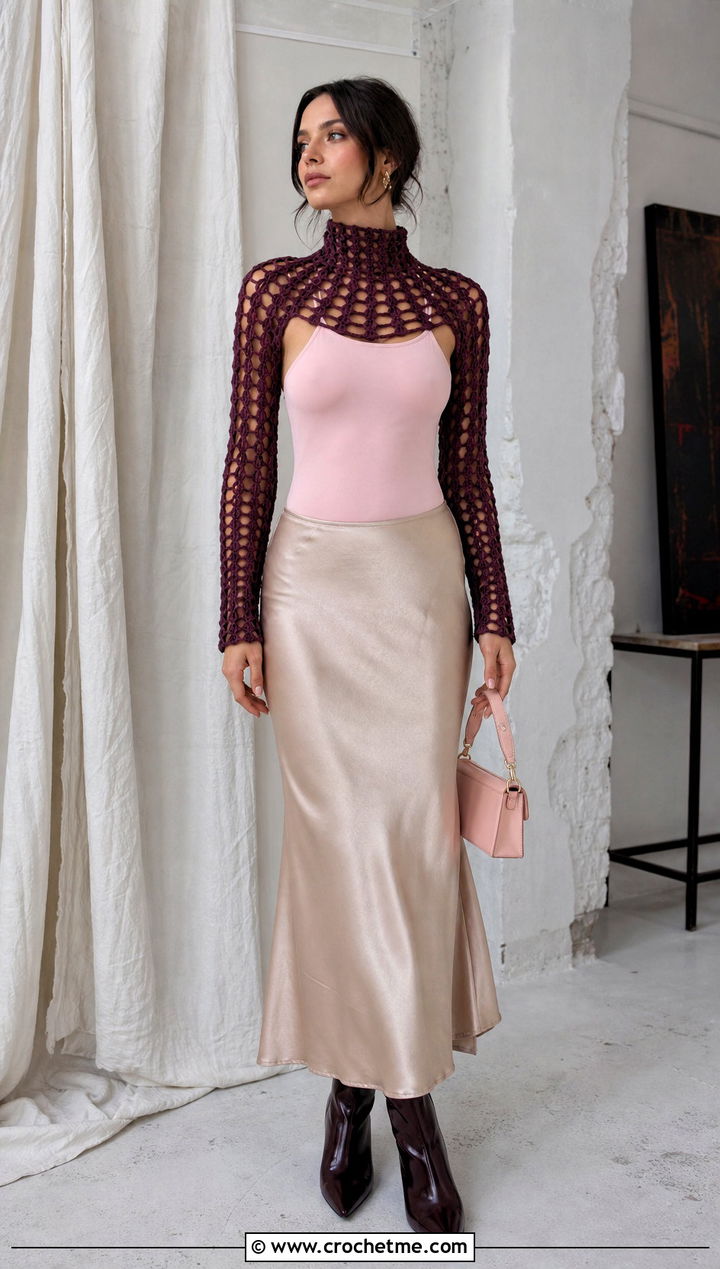 High Neck Sleeve Only Bolero With Slip Skirt - 35 crocheted bolero outfit ideas