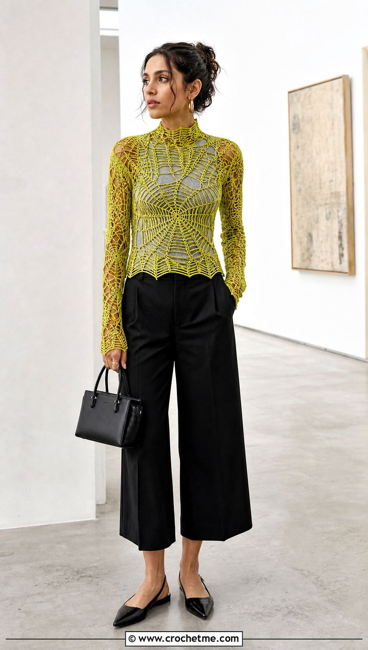 High Neck Spider Crochet Top With Culottes - 35 spider crochet top outfit ideas