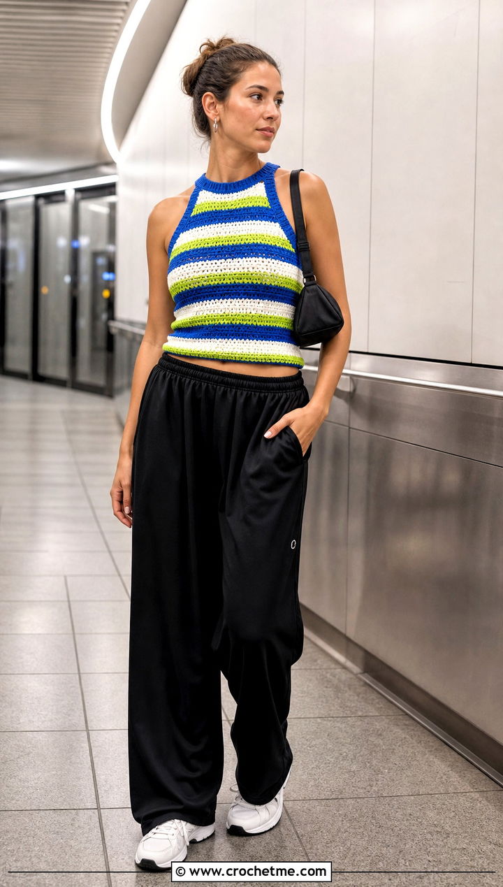 High Neck Striped Crochet Tank Top With Track Pants - 15 colorful striped crochet tank top outfit ideas