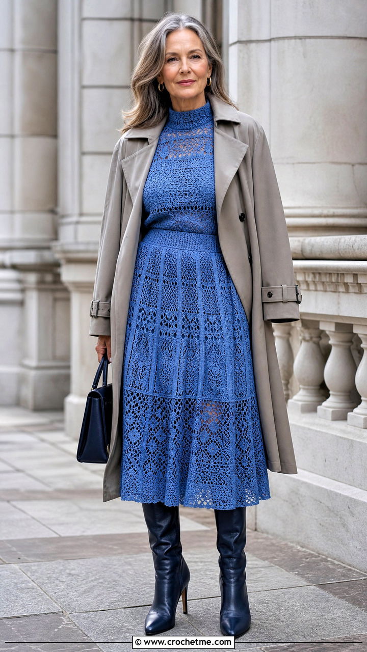 High Neck Top And Flared Skirt Set With Trench Coat - 35 crochet skirt and top set outfit ideas