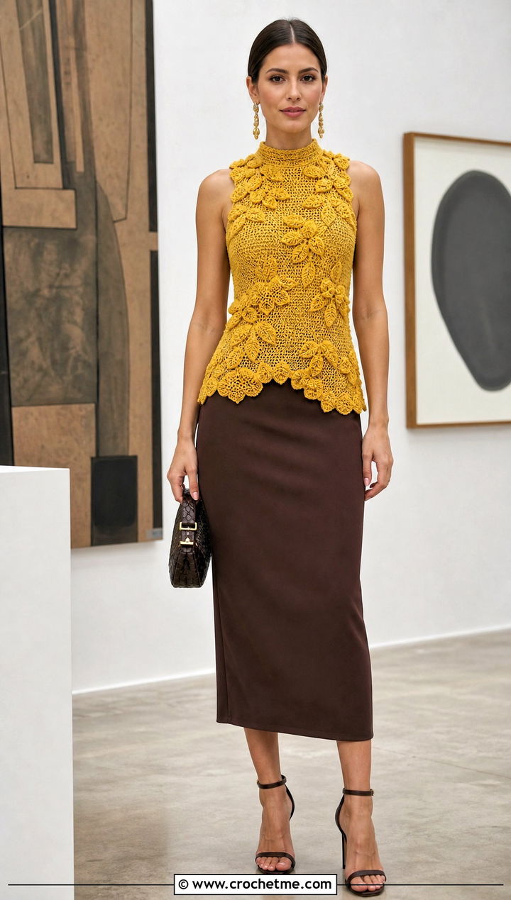 High Neck Tulip Crochet Top With Column Skirt - 30 crochet tulip top outfit ideas