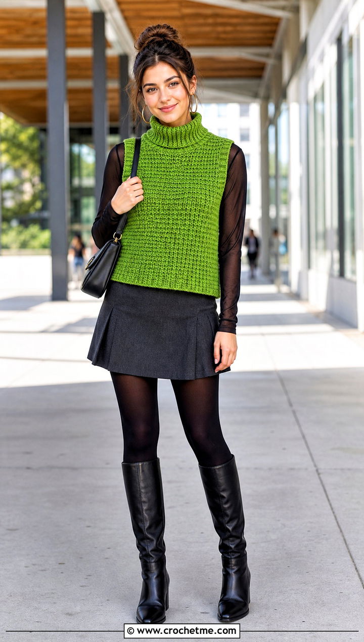 High Neck Tunisian Crochet Vest With Mini Skirt - 20 Tunisian Crochet Vest outfit ideas