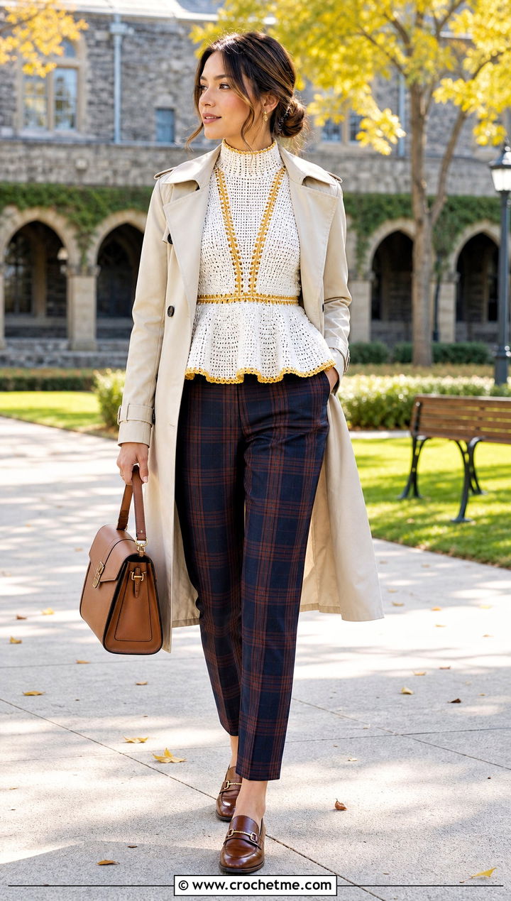 High Neck White Crochet Peplum Top With Plaid Trousers - 15 White Crochet Peplum Top outfit ideas