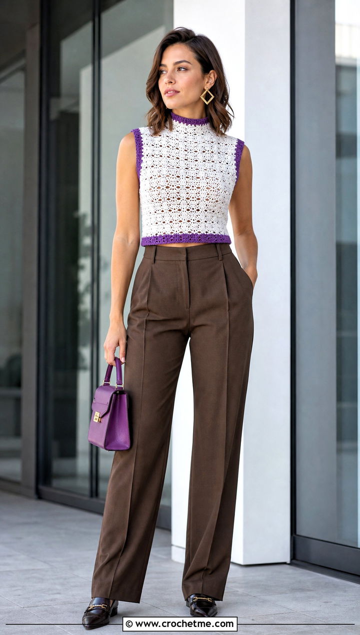 High Neck White Crochet Vest With Pleated Trousers - 35 white crochet vest outfit ideas