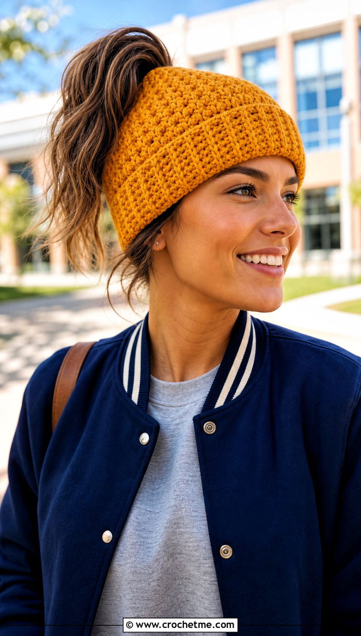 High Ponytail Crochet Beanie With Varsity Jacket And Joggers - 20 Crochet Beanie With Ponytail Hole Hat outfit ideas