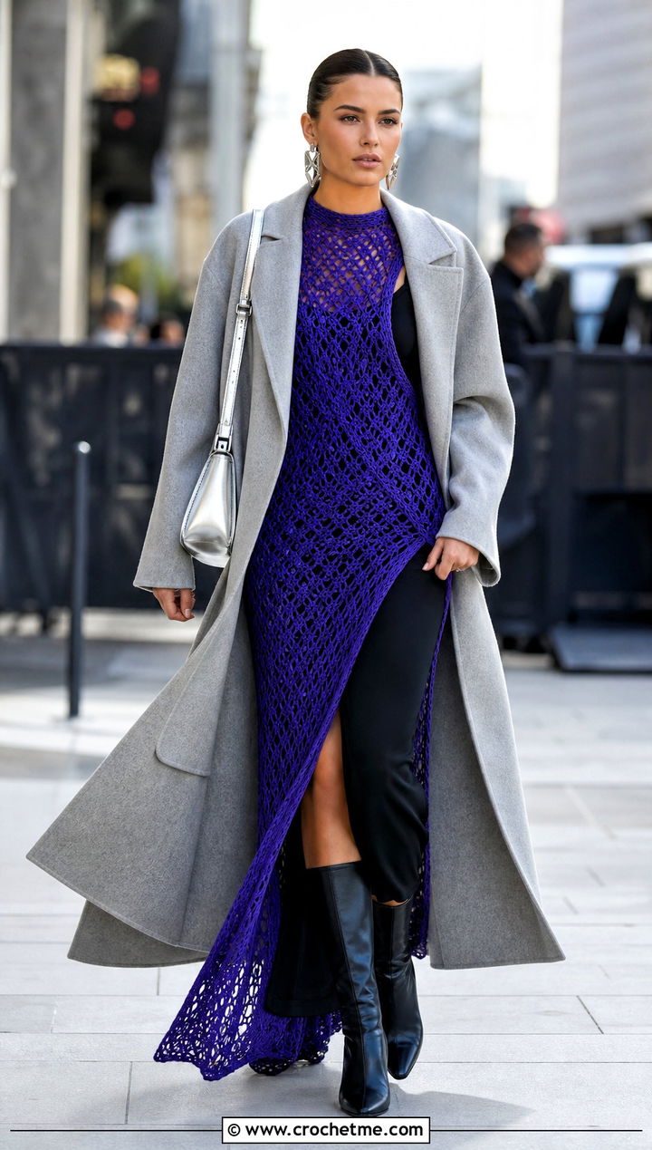 High Slit Crochet Long Dress With Knee High Boots - 35 crochet long dress outfit ideas