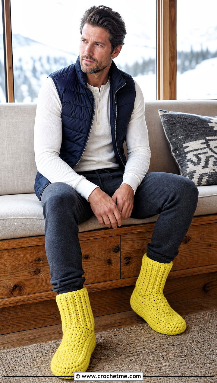 High Top Crochet Boot Slippers With Puffer Vest And Joggers - 30 easy mens crochet slippers outfit ideas