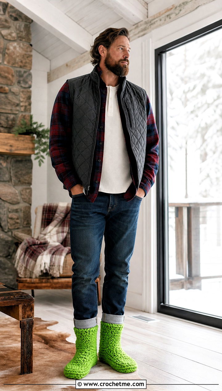 High Top Crochet Bootie Slippers With Flannel Shirt and Jeans - 35 mens crochet slippers outfit ideas
