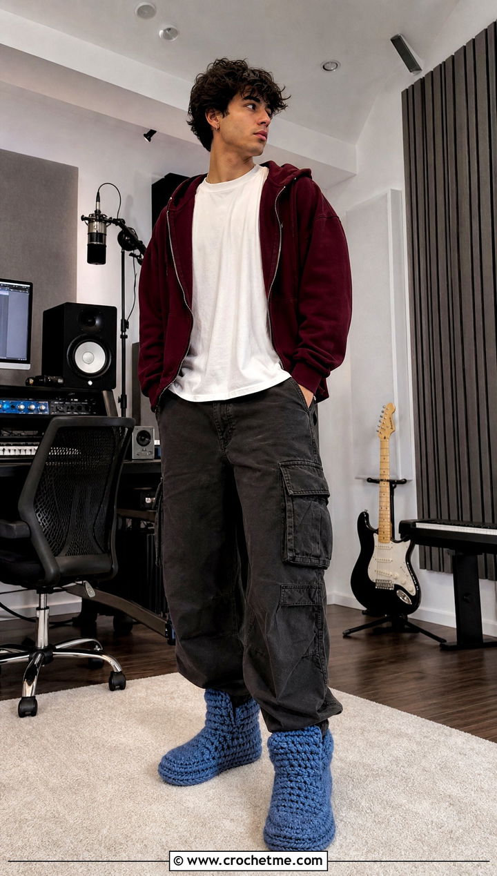 High Top Crochet Mens Slippers With a Streetwear Outfit - 30 crochet men's slippers outfit ideas