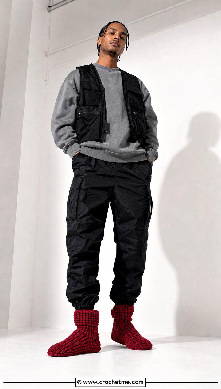 High Top Crochet Slippers With Cargo Pants - 25 crochet slippers for men outfit ideas