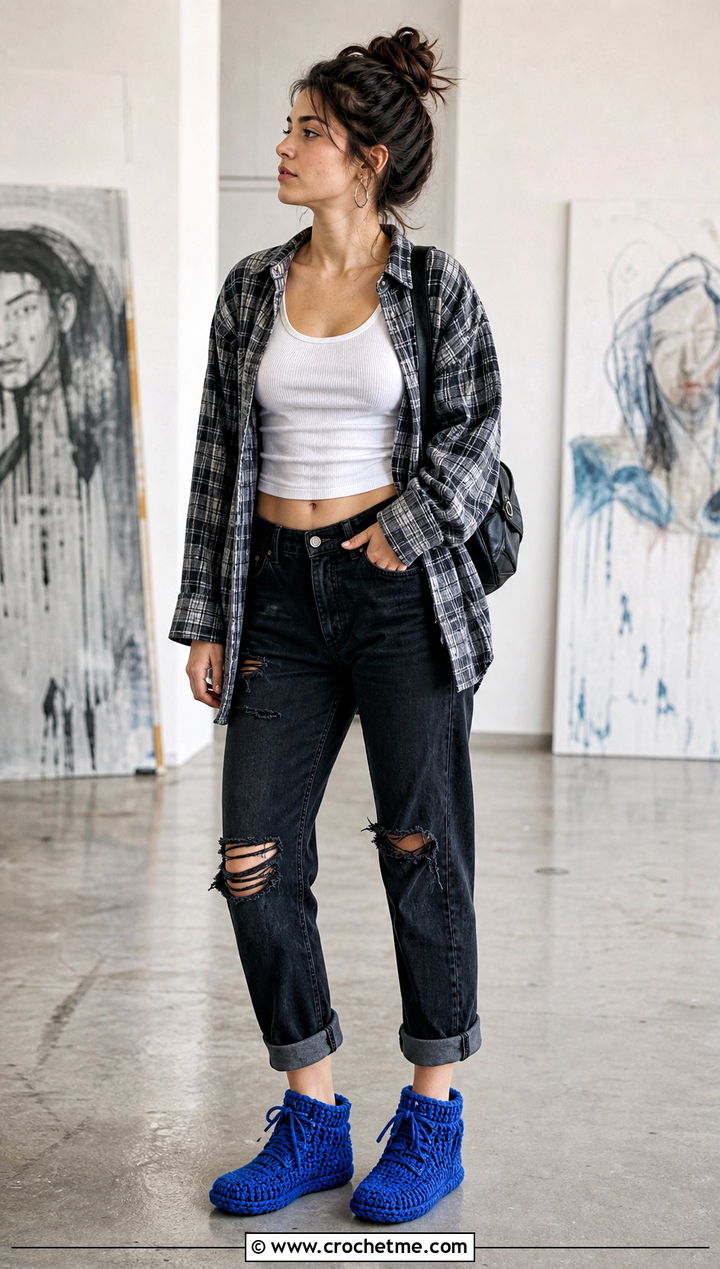 High Top Crocheted Slippers With Distressed Jeans - 35 crocheted slippers outfit ideas