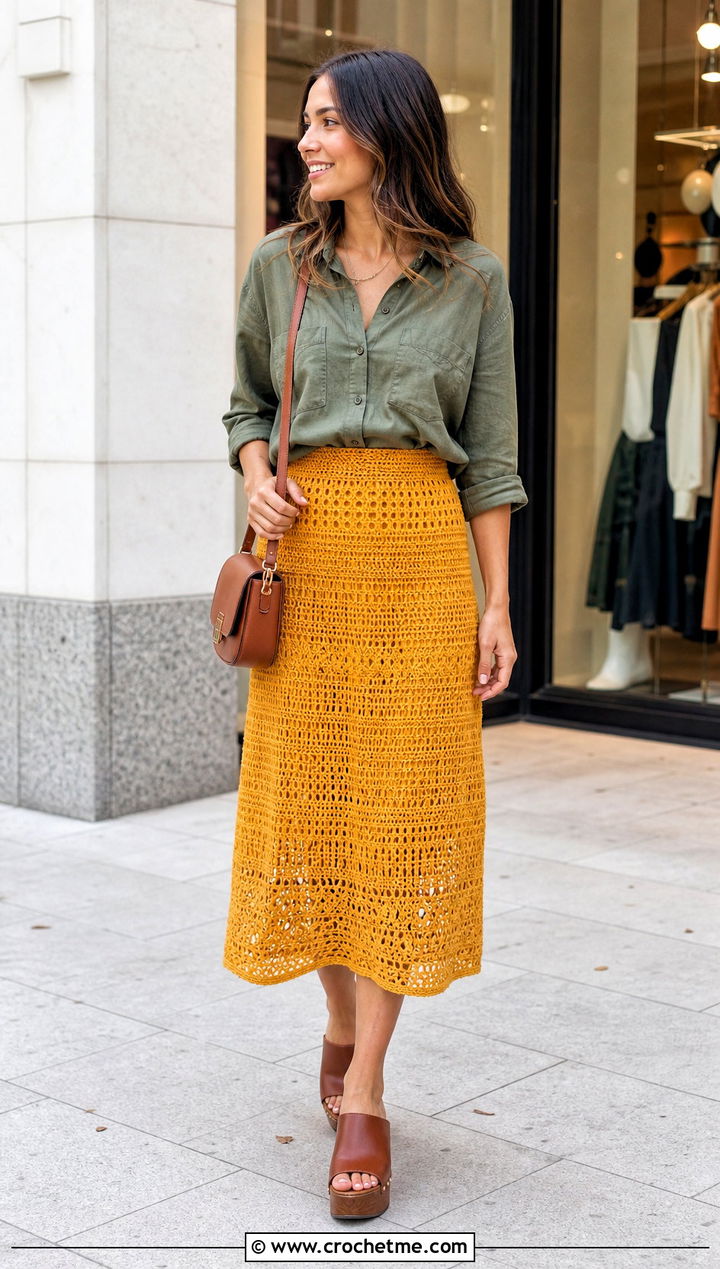 High Waist Midi Crochet Skirt With Utility Shirt - 30 midi crochet skirt outfit ideas