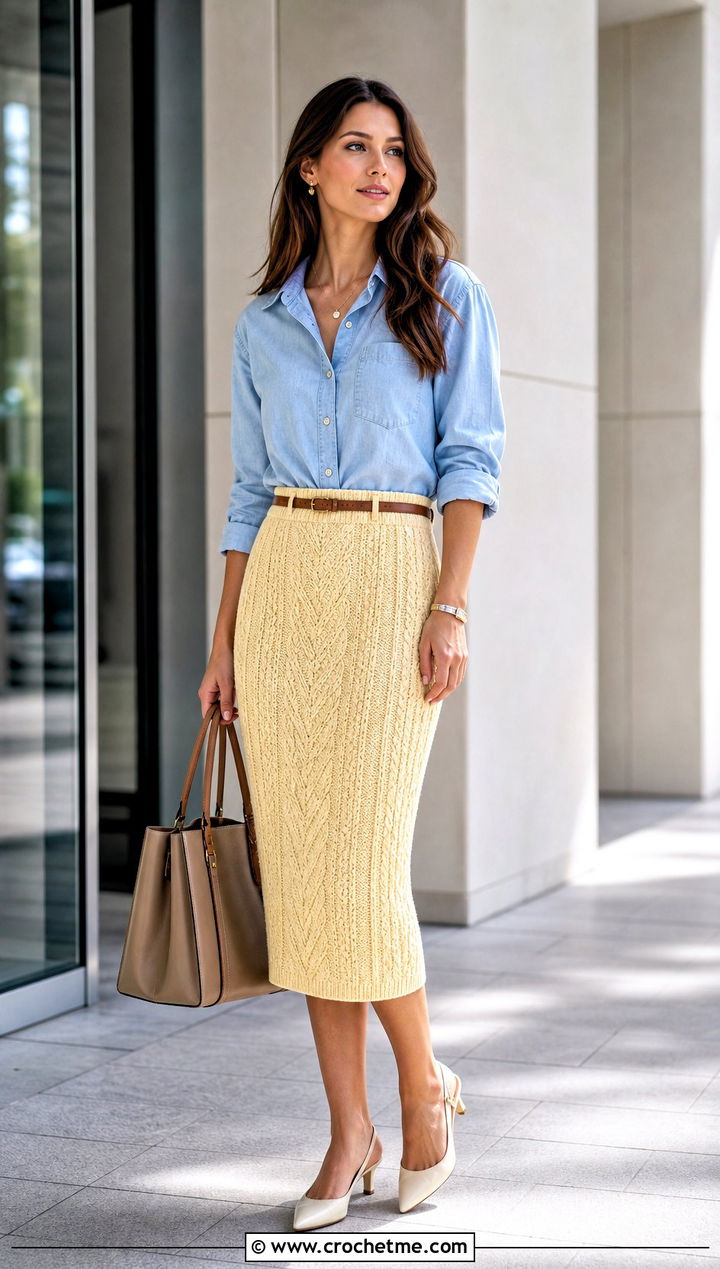 High Waisted Cable Pencil Skirt With Chambray Shirt - 15 crochet cable skirt outfit ideas
