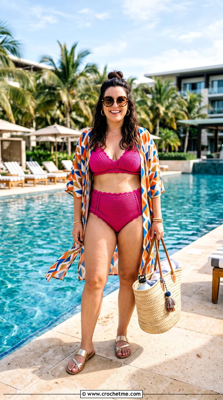 High Waisted Crochet Bikini With Kimono And Sandals - 30 beginner crochet bikinis outfit ideas