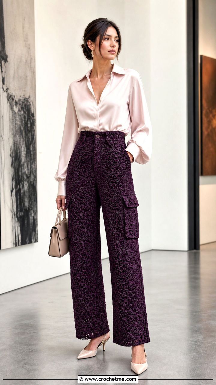 High Waisted Crochet Cargo Pants With Silk Blouse - 35 crochet cargo pants outfit ideas
