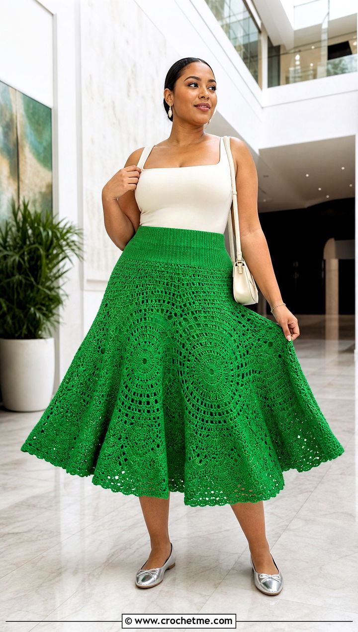 High Waisted Crochet Circle Skirt With Bodysuit - 25 crochet circle skirt outfit ideas