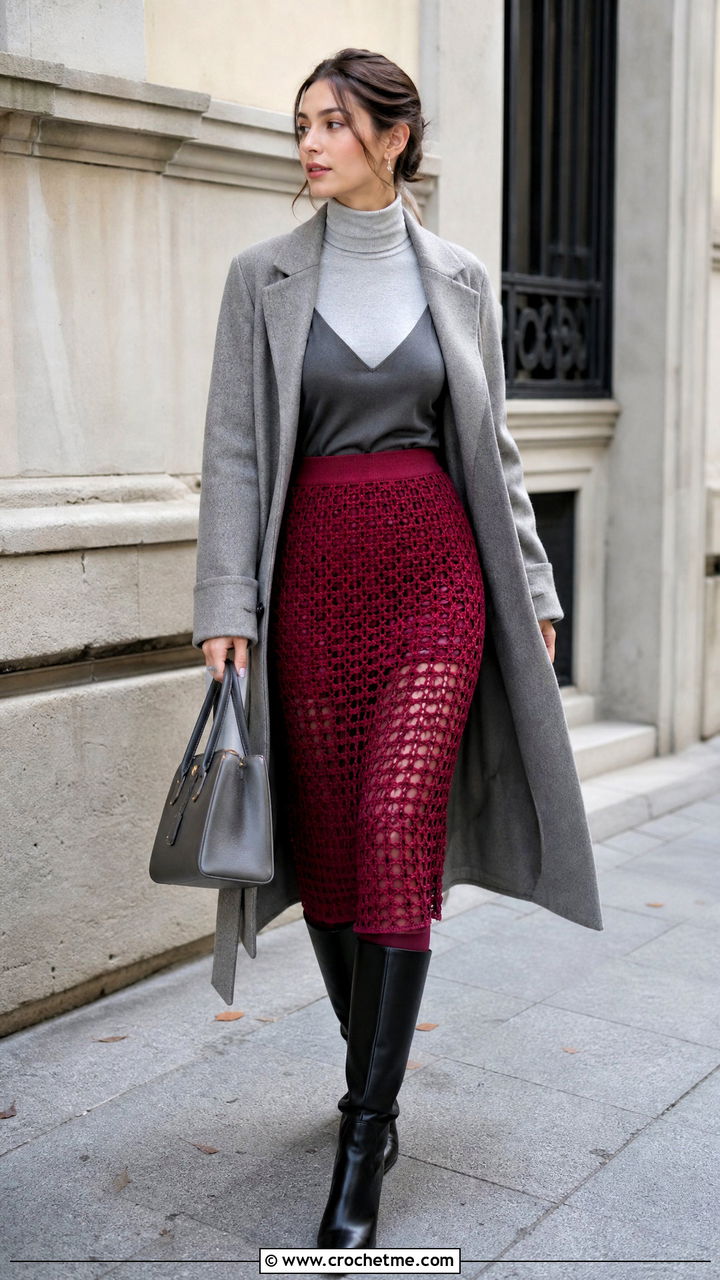 High Waisted Crochet Mesh Skirt With Turtleneck - 35 crochet mesh skirt outfit ideas