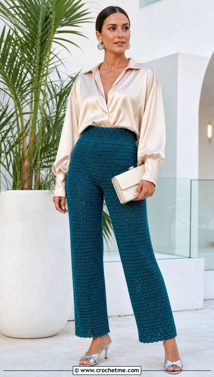 High Waisted Crochet Pants With Satin Blouse - 20 crochet pants women outfit ideas