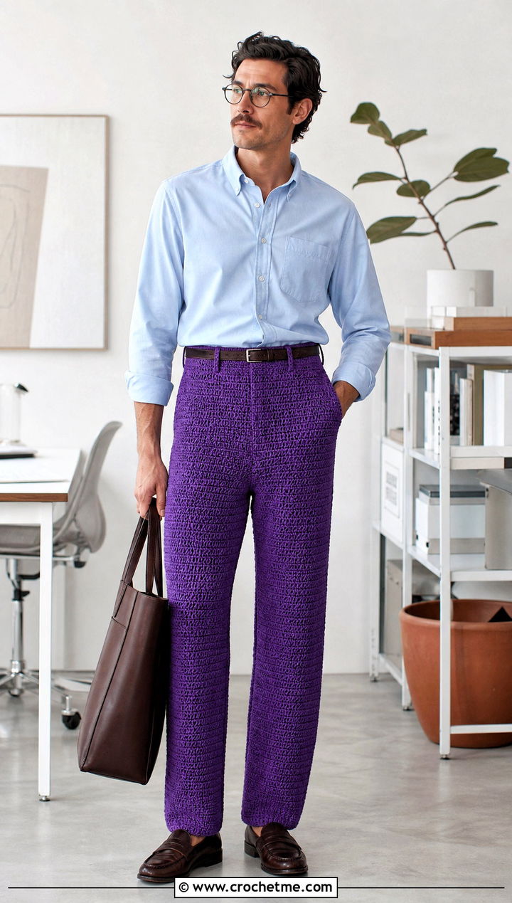 High Waisted Crochet Pants With Tucked Oxford Shirt - 35 crochet pants men outfit ideas