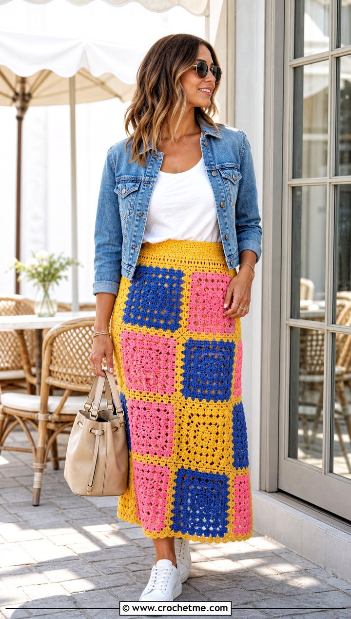 High Waisted Crochet Patchwork Skirt With Denim Jacket - 30 crochet patchwork skirt outfit ideas