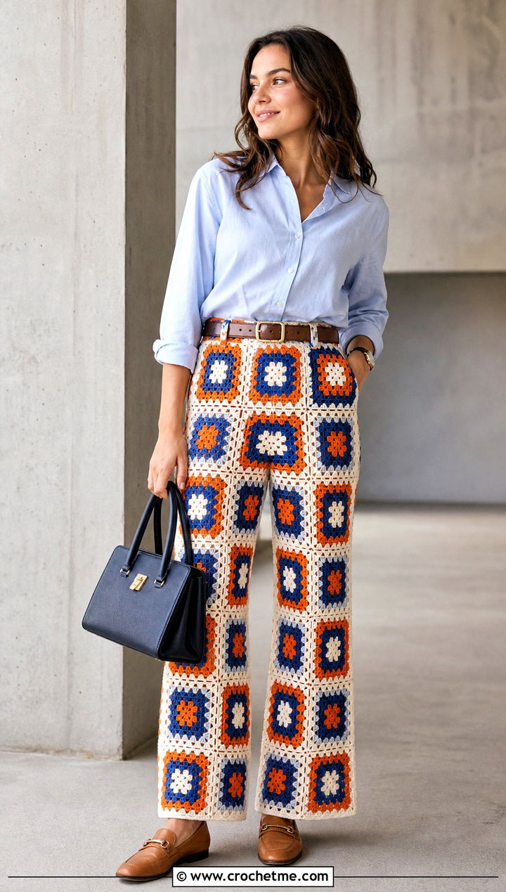 High Waisted Granny Square Crochet Pants With Button Down Shirt - 25 Granny Square Crochet Pants outfit ideas