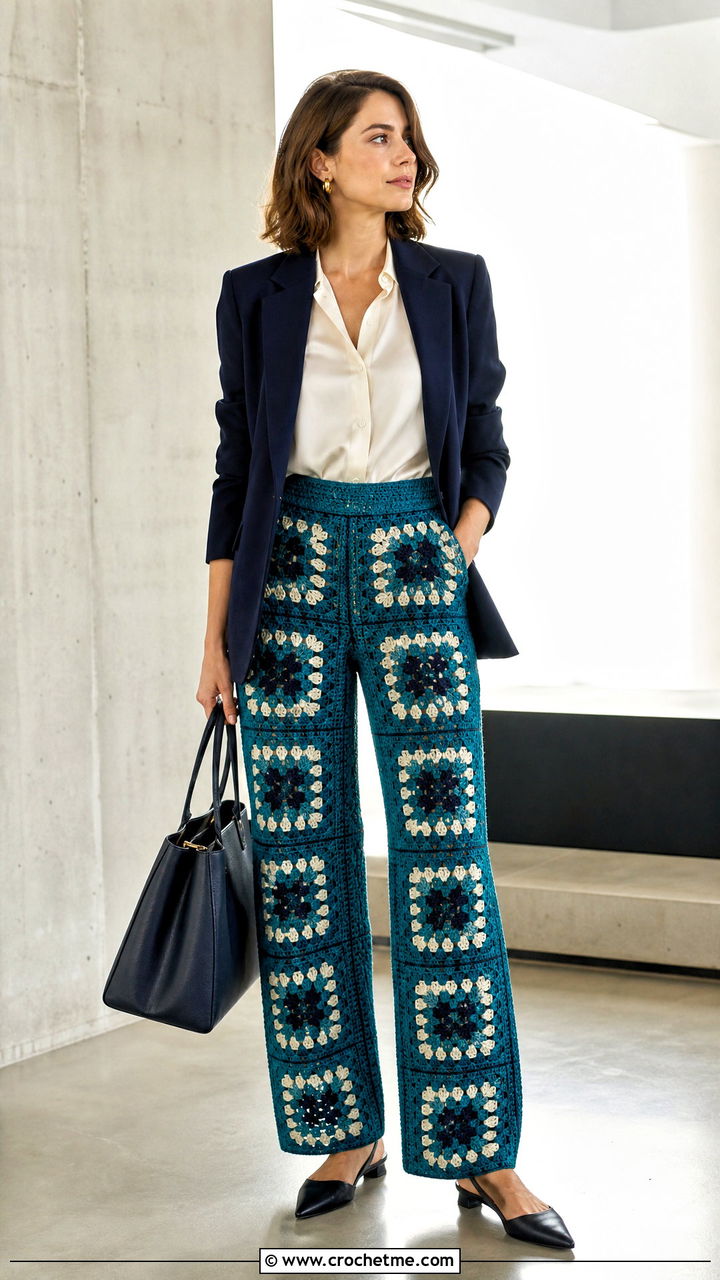 High Waisted Granny Square Pants With Satin Blouse - 35 granny square pants outfit ideas