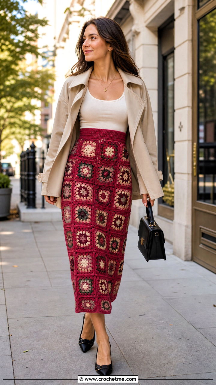 High Waisted Granny Square Skirt With Cropped Trench Coat - 35 crochet granny skirt outfit ideas