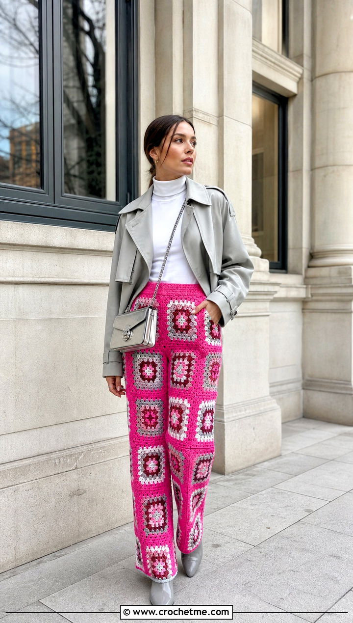 High Waisted Granny Square Trousers With Cropped Trench Coat - 35 granny square trousers outfit ideas