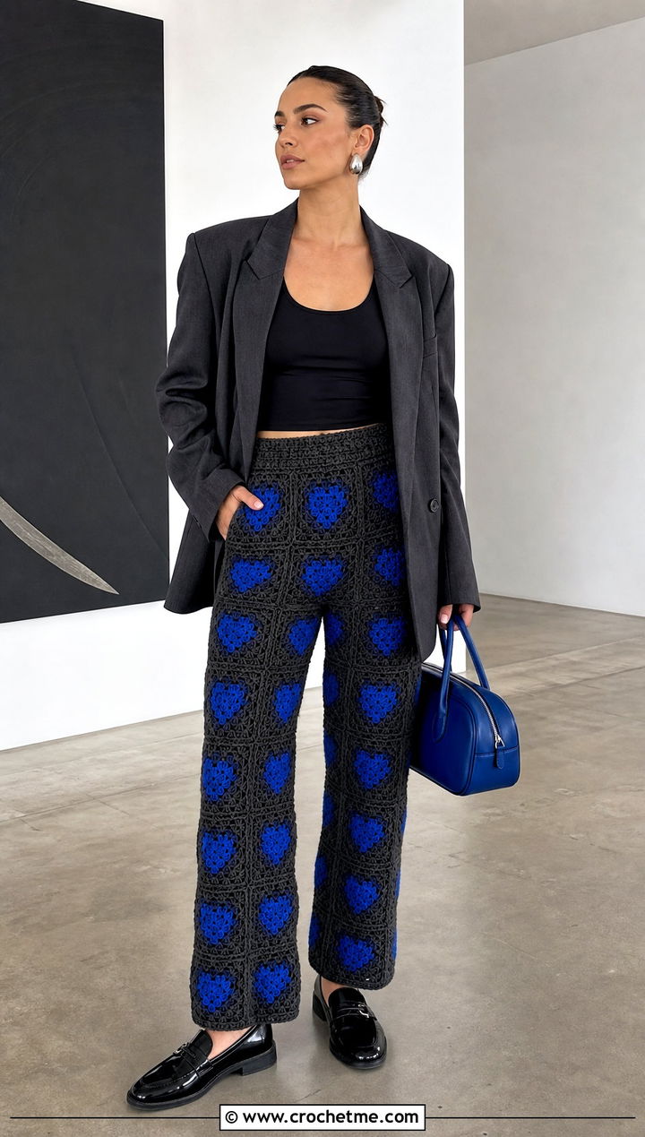 High Waisted Heart Granny Square Pants With Oversized Blazer - 30 heart granny square pants outfit ideas