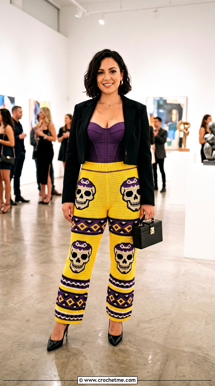 High Waisted Skull Crochet Pants With Corset Top - 15 Skull Crochet Pants outfit ideas