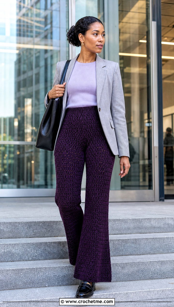 High Waisted Solid Stitch Flare Crochet Pants With Blazer - 25 flare crochet pants outfit ideas